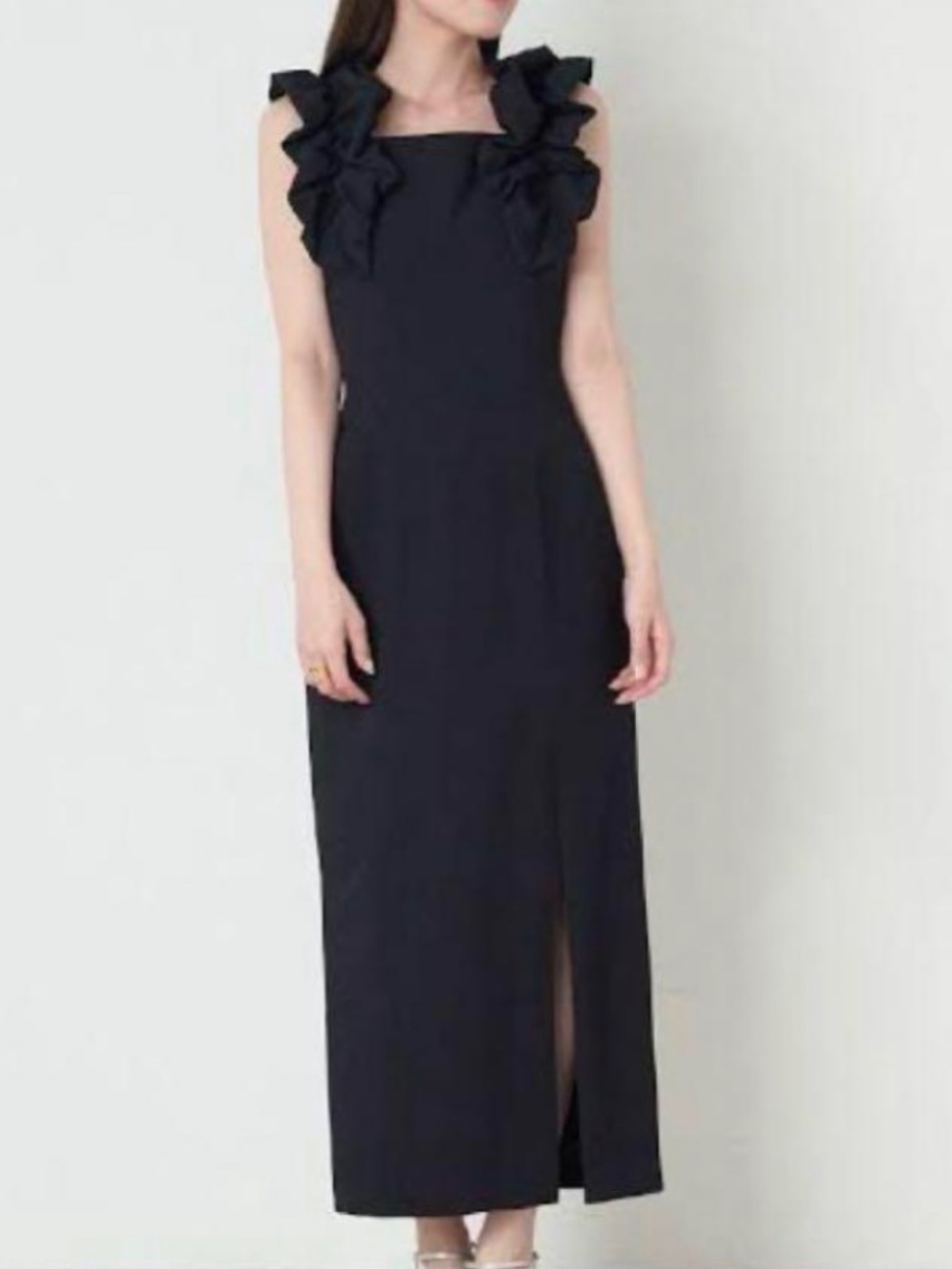 SNIDEL Black Ruffle Strap Maxi Dress – Japanese Brand